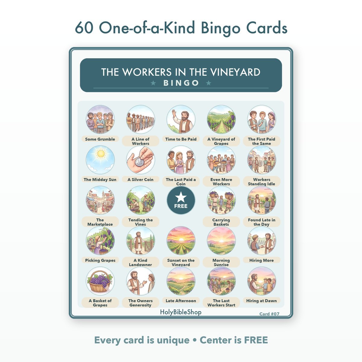 The Workers in the Vineyard Bingo | Bible Bingo Game for Kids | 60 Cards Sunday School VBS Christian Watercolor PDF — image 2
