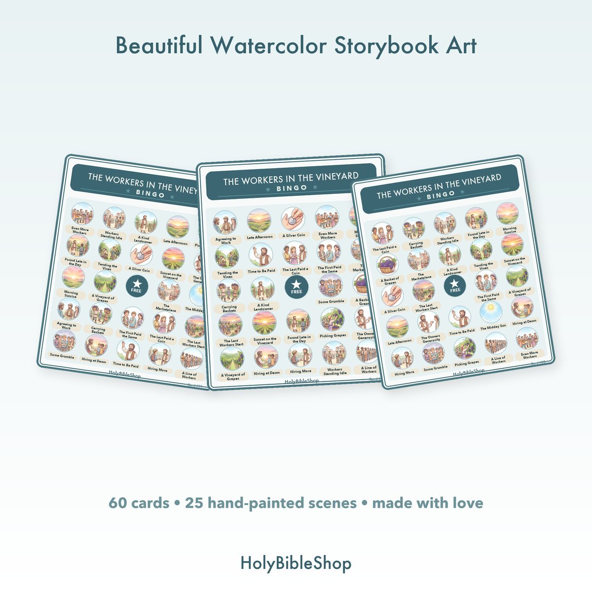 The Workers in the Vineyard Bingo | Bible Bingo Game for Kids | 60 Cards Sunday School VBS Christian Watercolor PDF — image 7