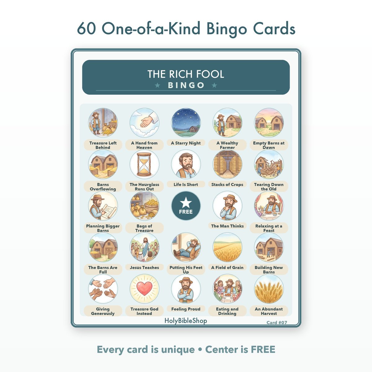 The Rich Fool Bingo | Bible Bingo Game for Kids | 60 Cards Sunday School VBS Christian Watercolor PDF — image 2