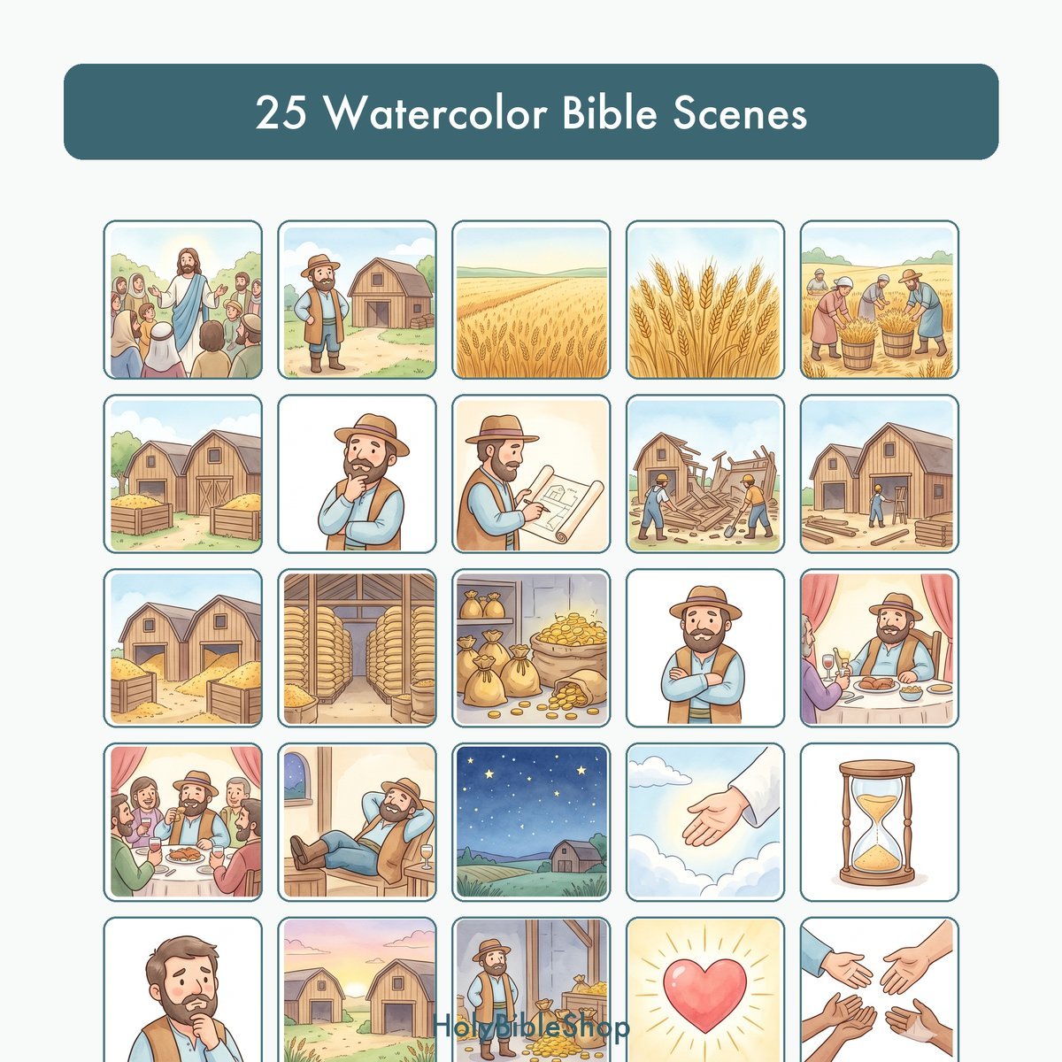 The Rich Fool Bingo | Bible Bingo Game for Kids | 60 Cards Sunday School VBS Christian Watercolor PDF — image 3