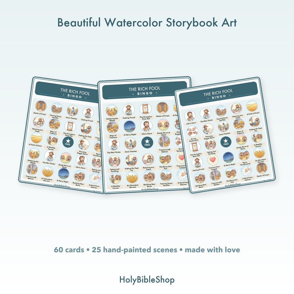 The Rich Fool Bingo | Bible Bingo Game for Kids | 60 Cards Sunday School VBS Christian Watercolor PDF — image 7