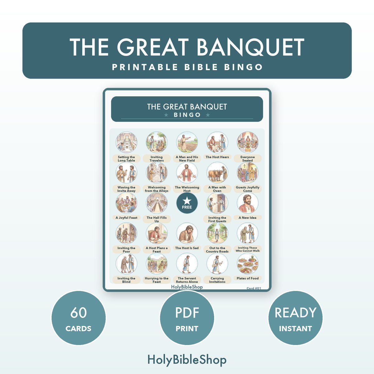 The Great Banquet Bingo | Bible Bingo Game for Kids | 60 Cards Sunday School VBS Christian Watercolor PDF