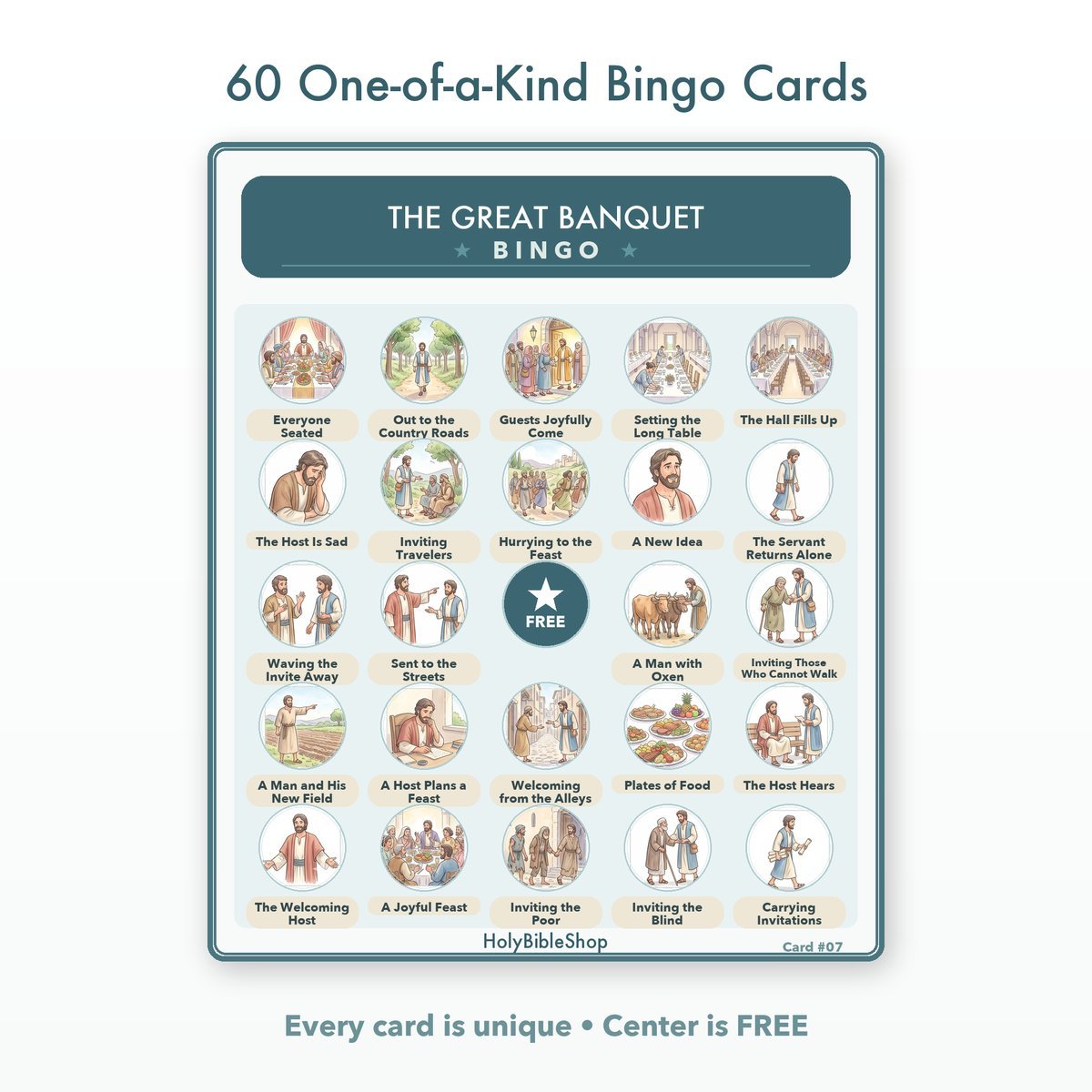 The Great Banquet Bingo | Bible Bingo Game for Kids | 60 Cards Sunday School VBS Christian Watercolor PDF — image 2
