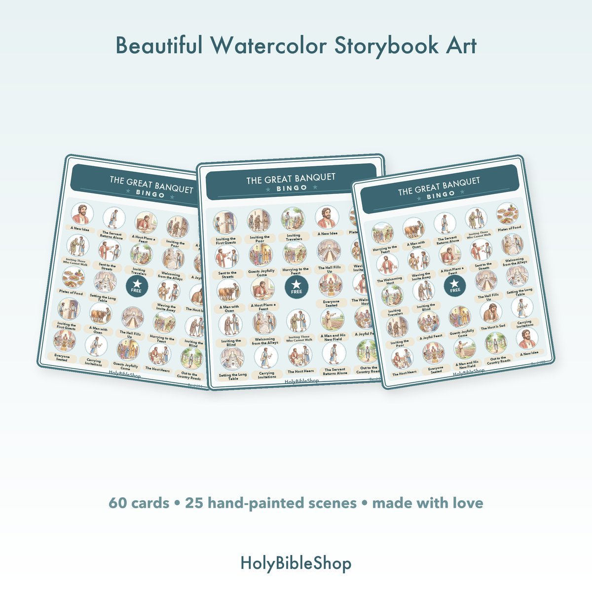 The Great Banquet Bingo | Bible Bingo Game for Kids | 60 Cards Sunday School VBS Christian Watercolor PDF — image 7