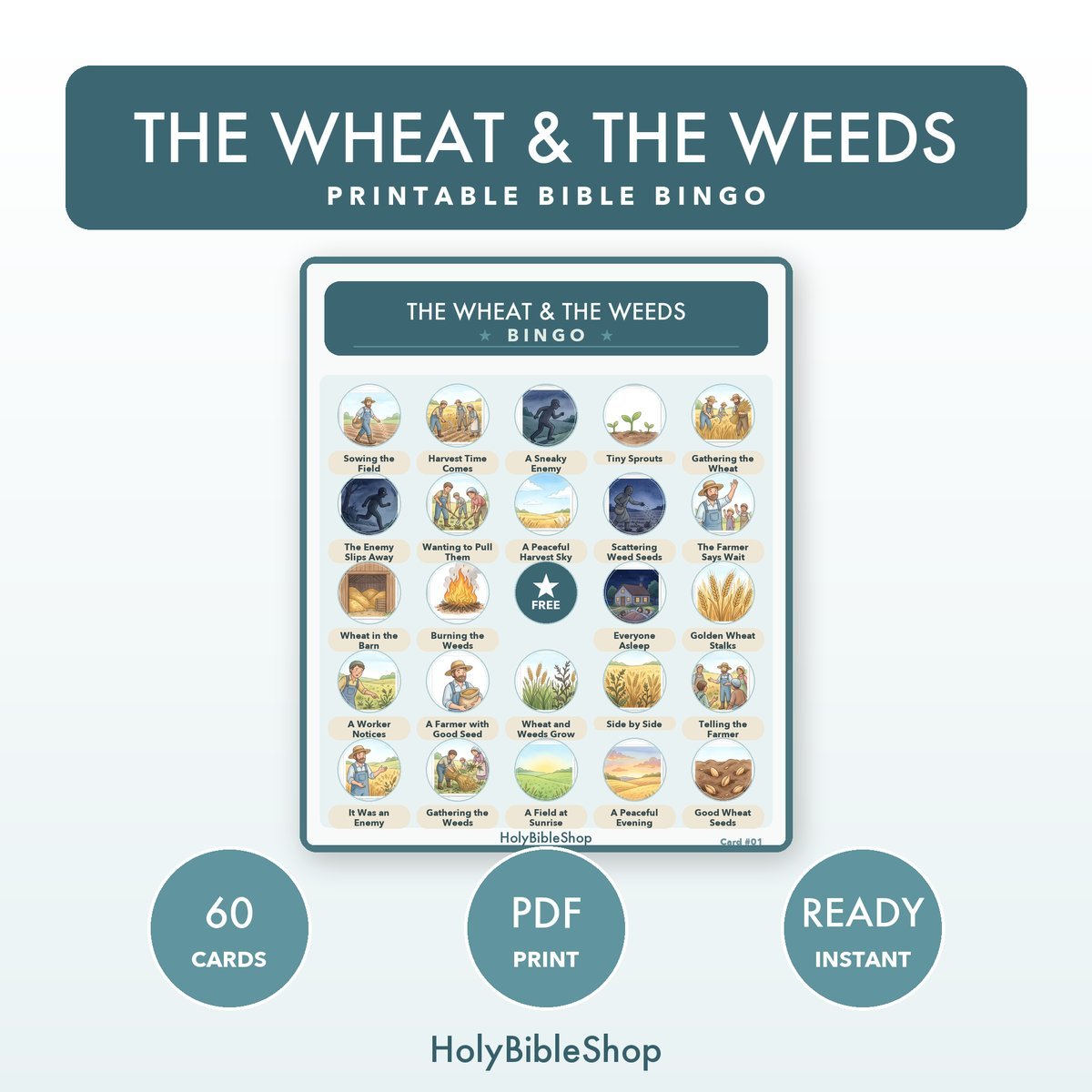 The Wheat and the Weeds Bingo | Bible Bingo Game for Kids | 60 Cards Sunday School VBS Christian Watercolor PDF