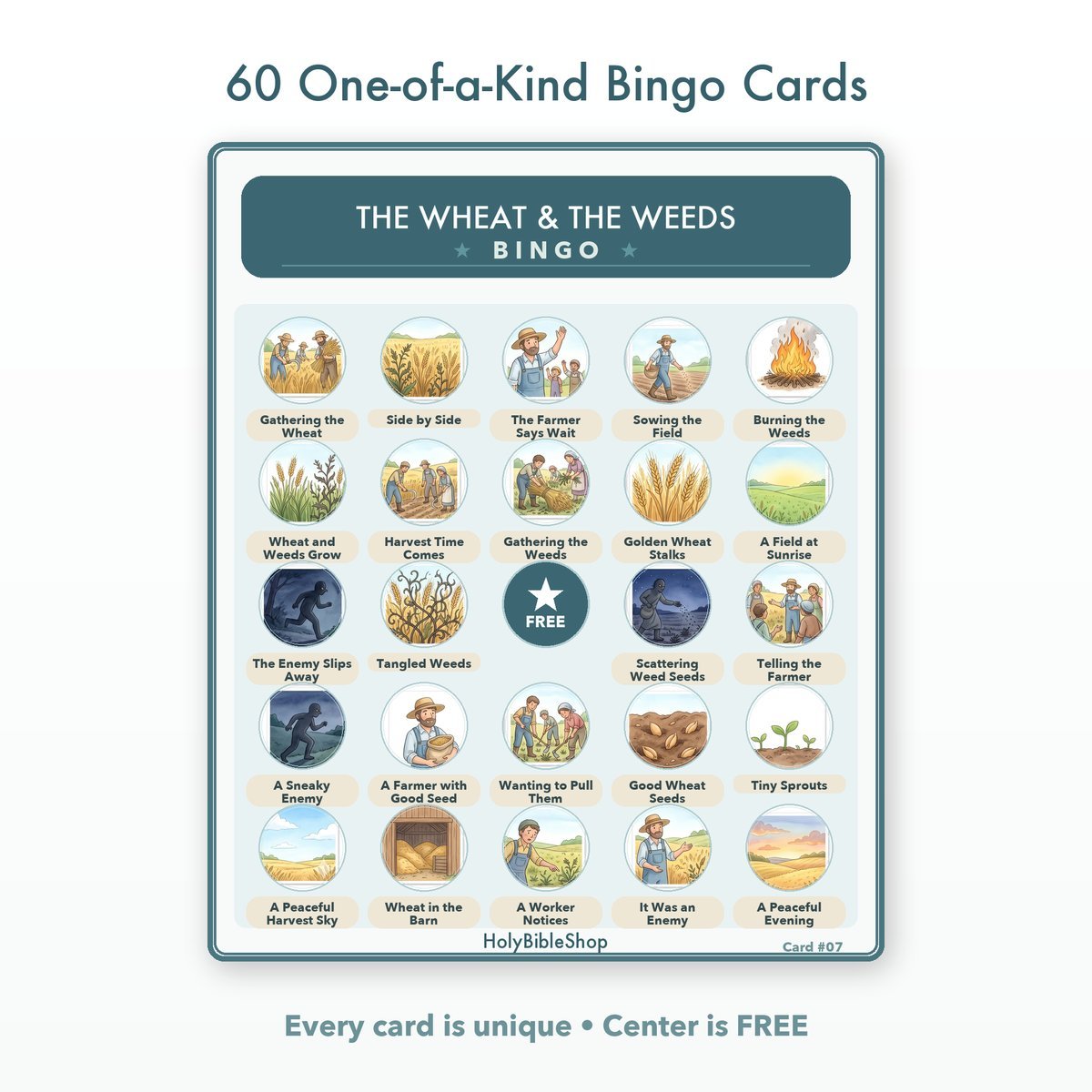 The Wheat and the Weeds Bingo | Bible Bingo Game for Kids | 60 Cards Sunday School VBS Christian Watercolor PDF — image 2