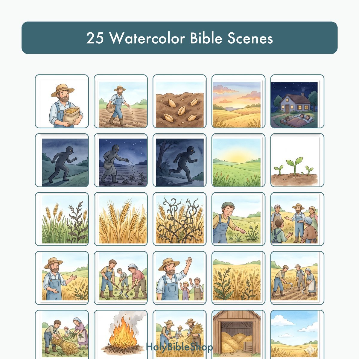 The Wheat and the Weeds Bingo | Bible Bingo Game for Kids | 60 Cards Sunday School VBS Christian Watercolor PDF — image 3