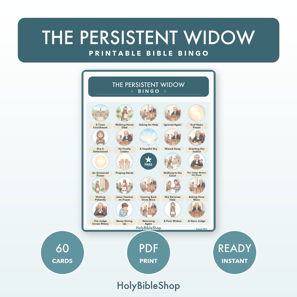 The Persistent Widow Bingo | Bible Bingo Game for Kids | 60 Cards Sunday School VBS Christian Watercolor PDF