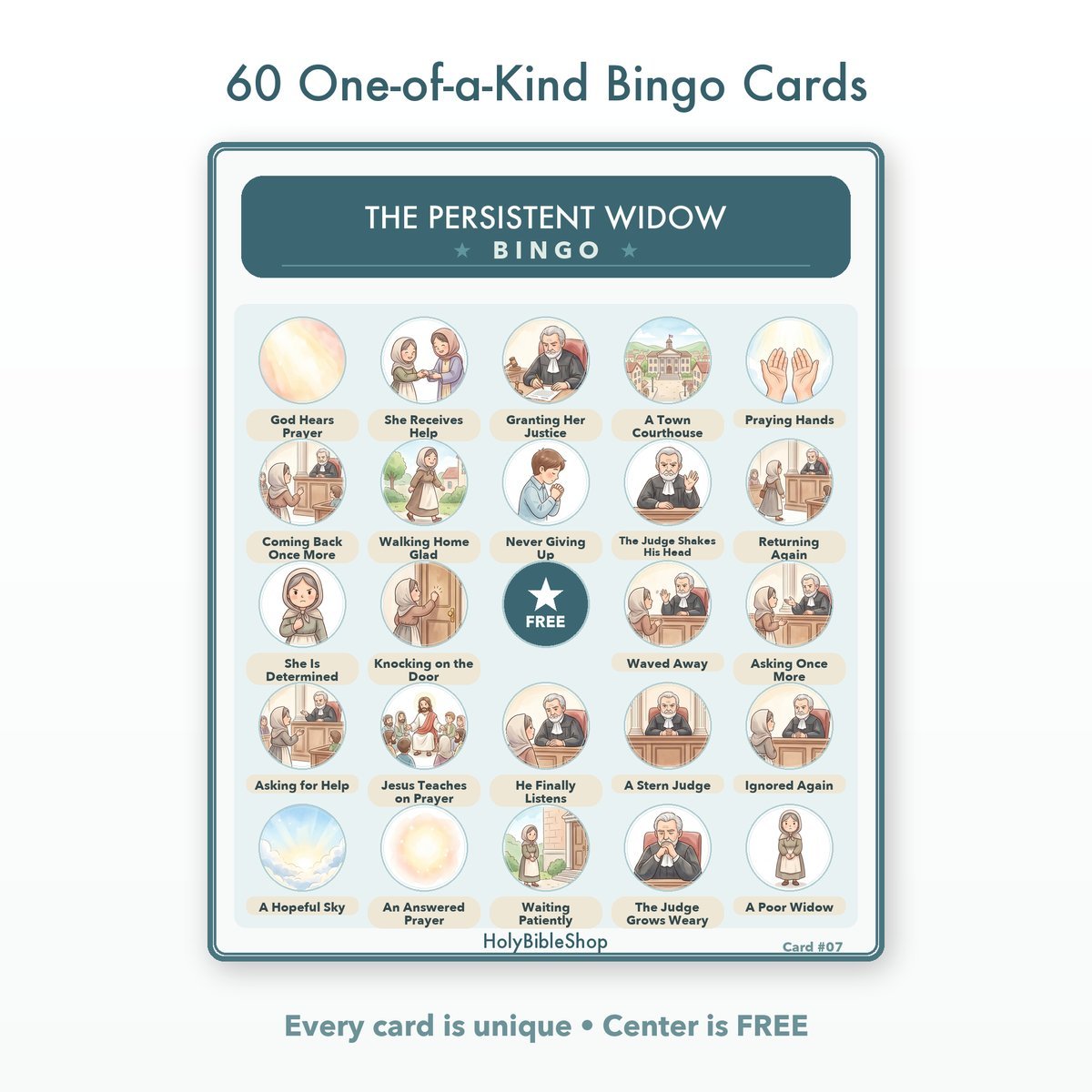 The Persistent Widow Bingo | Bible Bingo Game for Kids | 60 Cards Sunday School VBS Christian Watercolor PDF — image 2