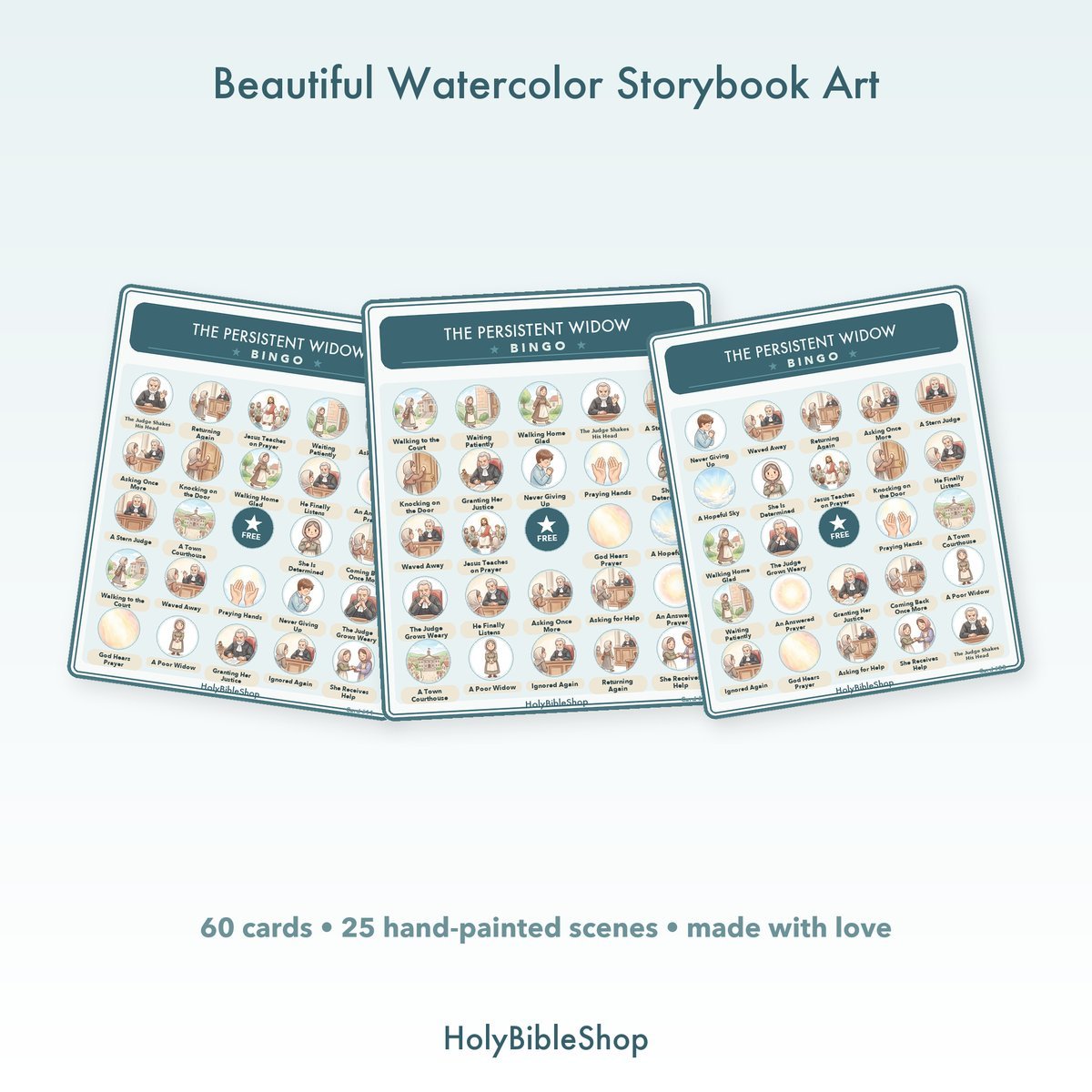 The Persistent Widow Bingo | Bible Bingo Game for Kids | 60 Cards Sunday School VBS Christian Watercolor PDF — image 7