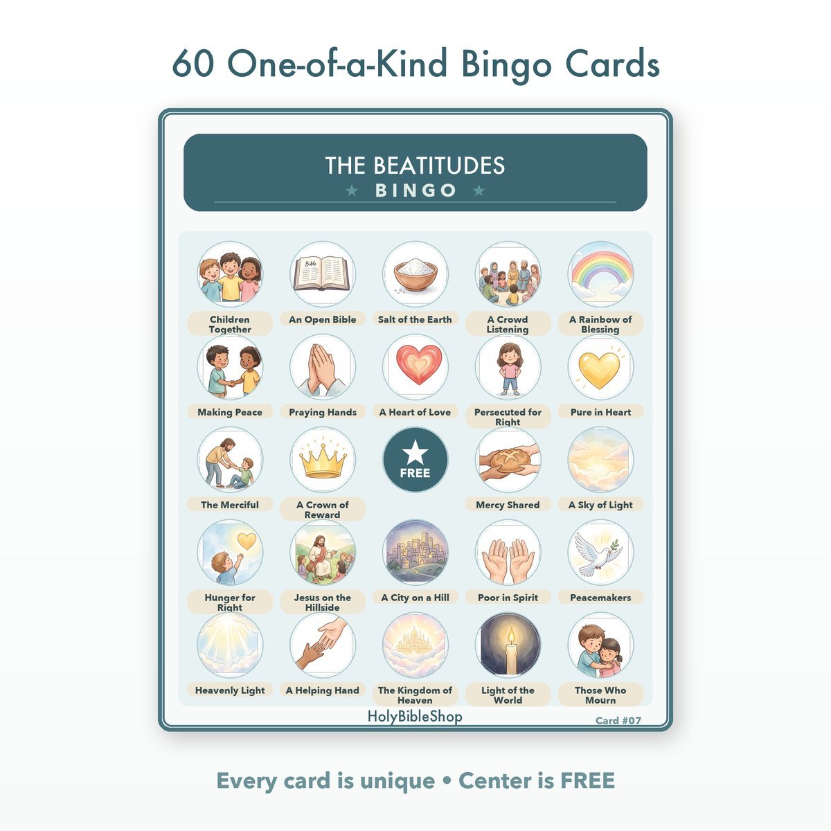 The Beatitudes Bingo | Printable Bible Bingo Game for Kids | 60 Cards Sunday School VBS Christian Watercolor PDF — image 2