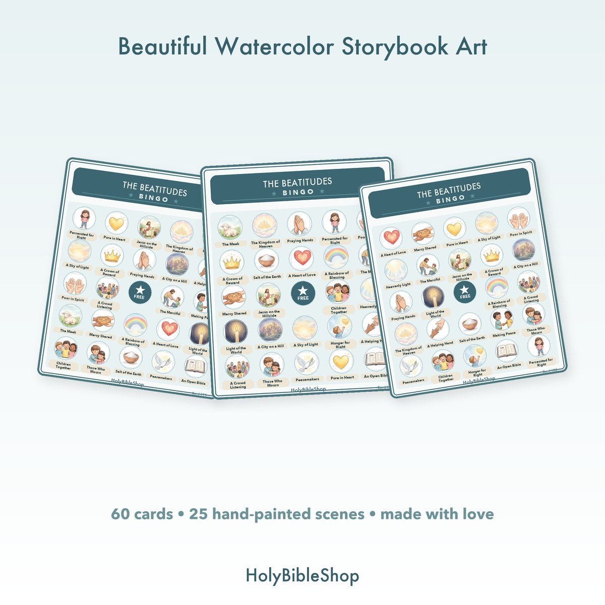 The Beatitudes Bingo | Printable Bible Bingo Game for Kids | 60 Cards Sunday School VBS Christian Watercolor PDF — image 7