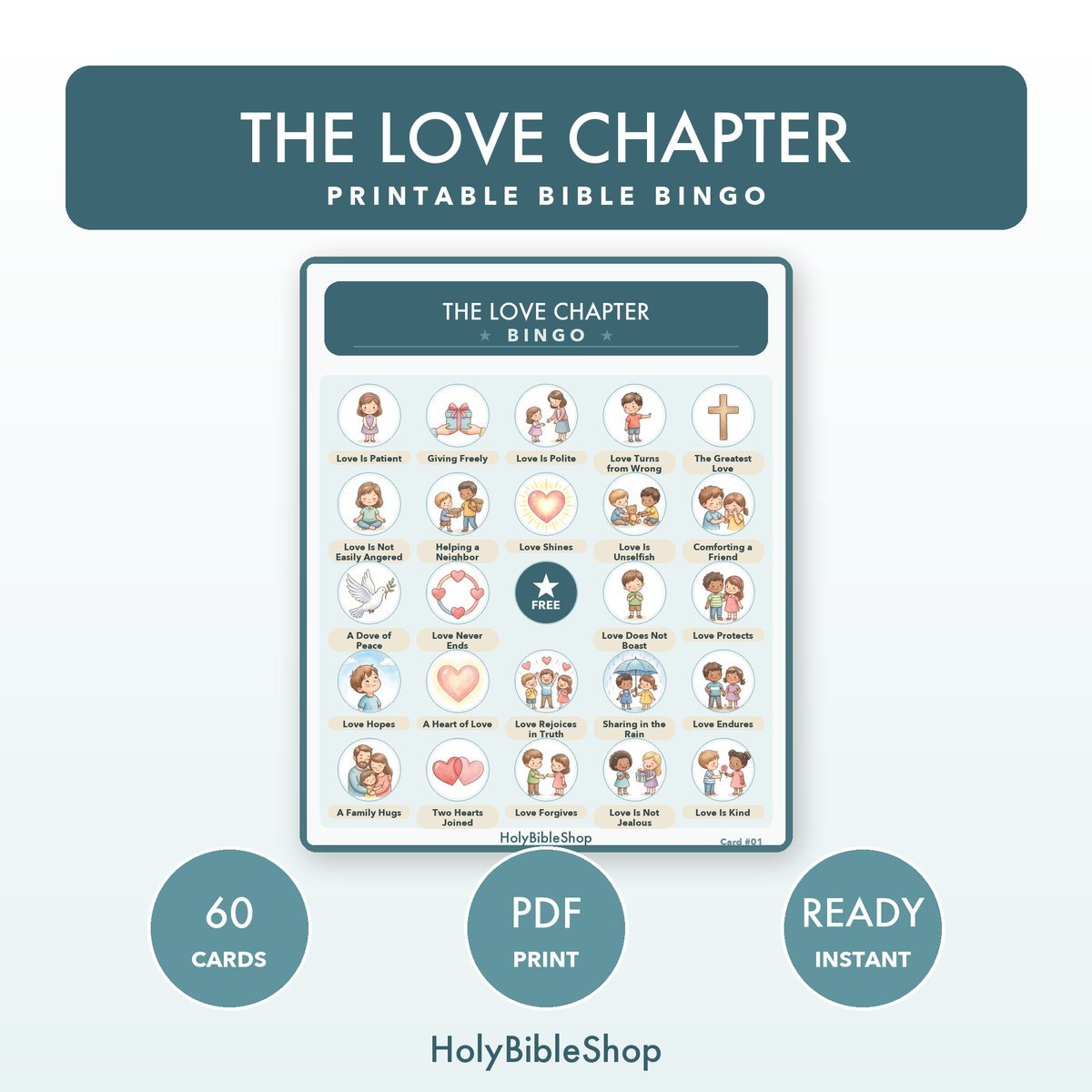 The Love Chapter Bingo | Printable Bible Bingo Game for Kids | 60 Cards Sunday School VBS Christian Watercolor PDF