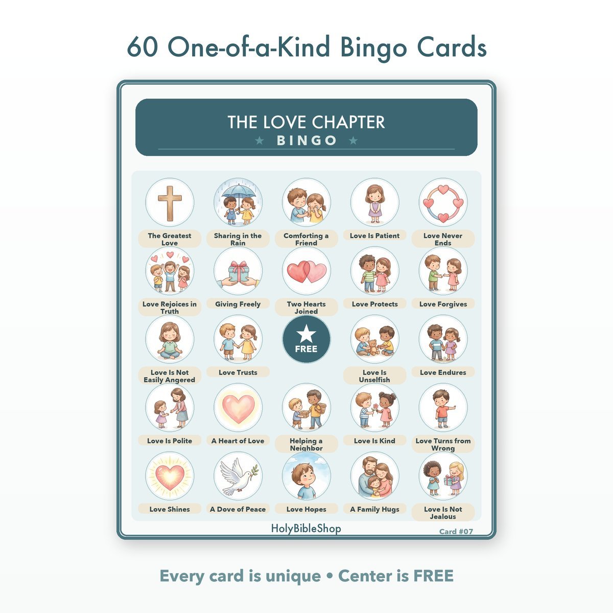 The Love Chapter Bingo | Printable Bible Bingo Game for Kids | 60 Cards Sunday School VBS Christian Watercolor PDF — image 2