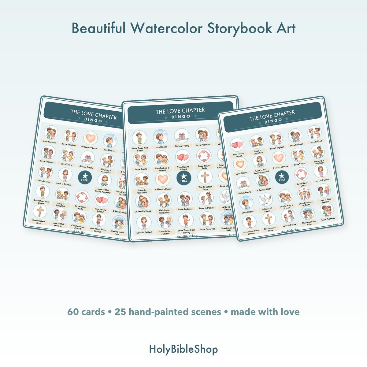 The Love Chapter Bingo | Printable Bible Bingo Game for Kids | 60 Cards Sunday School VBS Christian Watercolor PDF — image 7