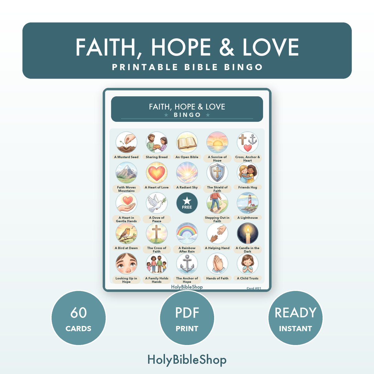 Faith, Hope & Love Bingo | Printable Bible Bingo Game for Kids | 60 Cards Sunday School VBS Christian Watercolor PDF