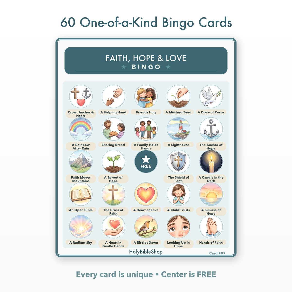 Faith, Hope & Love Bingo | Printable Bible Bingo Game for Kids | 60 Cards Sunday School VBS Christian Watercolor PDF — image 2