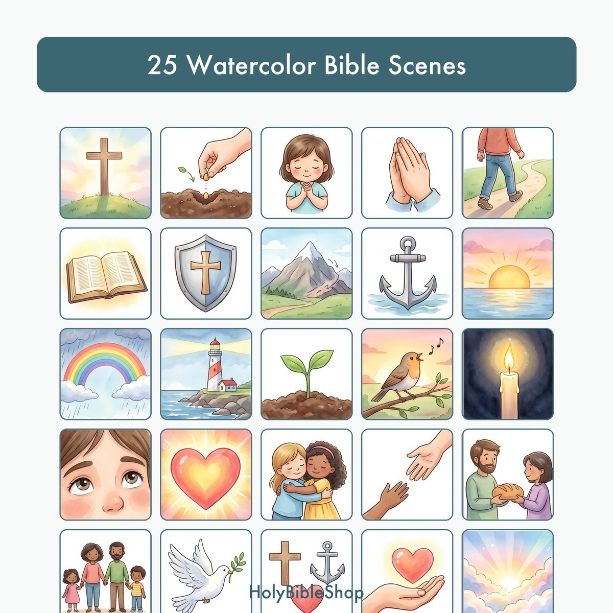 Faith, Hope & Love Bingo | Printable Bible Bingo Game for Kids | 60 Cards Sunday School VBS Christian Watercolor PDF — image 3