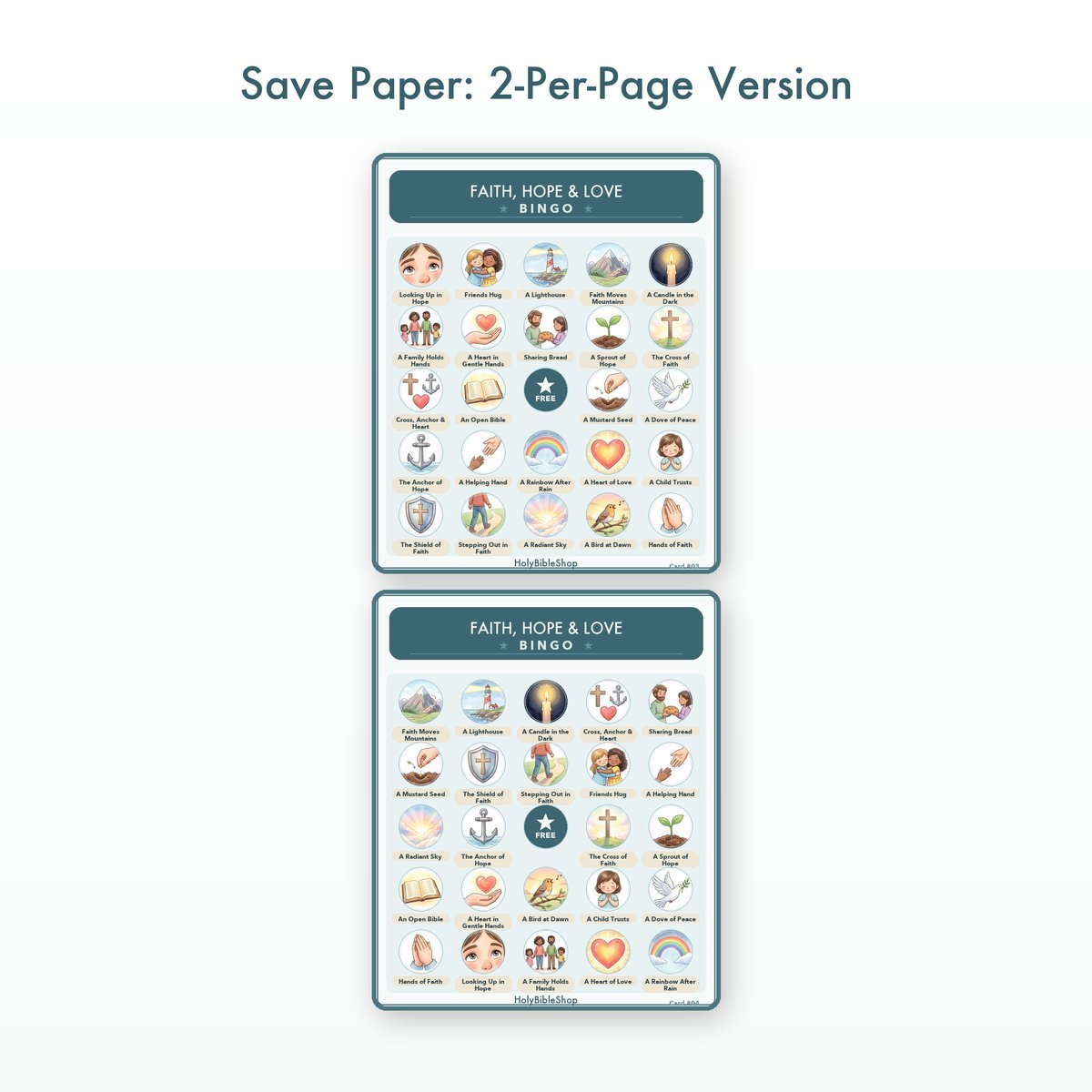 Faith, Hope & Love Bingo | Printable Bible Bingo Game for Kids | 60 Cards Sunday School VBS Christian Watercolor PDF — image 6