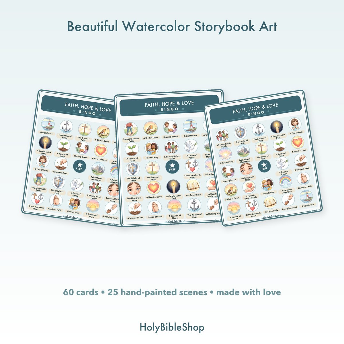 Faith, Hope & Love Bingo | Printable Bible Bingo Game for Kids | 60 Cards Sunday School VBS Christian Watercolor PDF — image 7