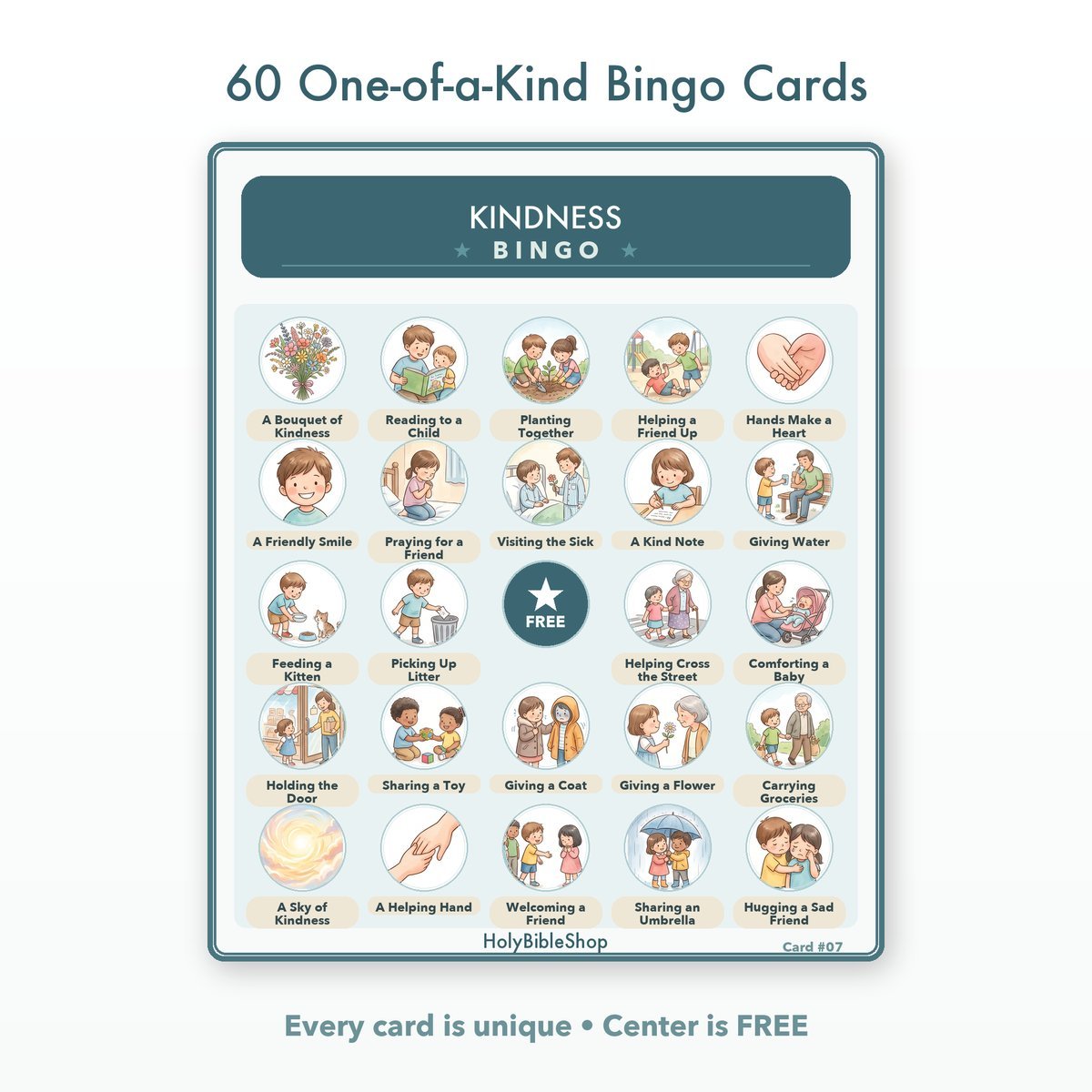 Kindness Bingo | Printable Bible Bingo Game for Kids | 60 Cards Sunday School VBS Christian Watercolor PDF — image 2