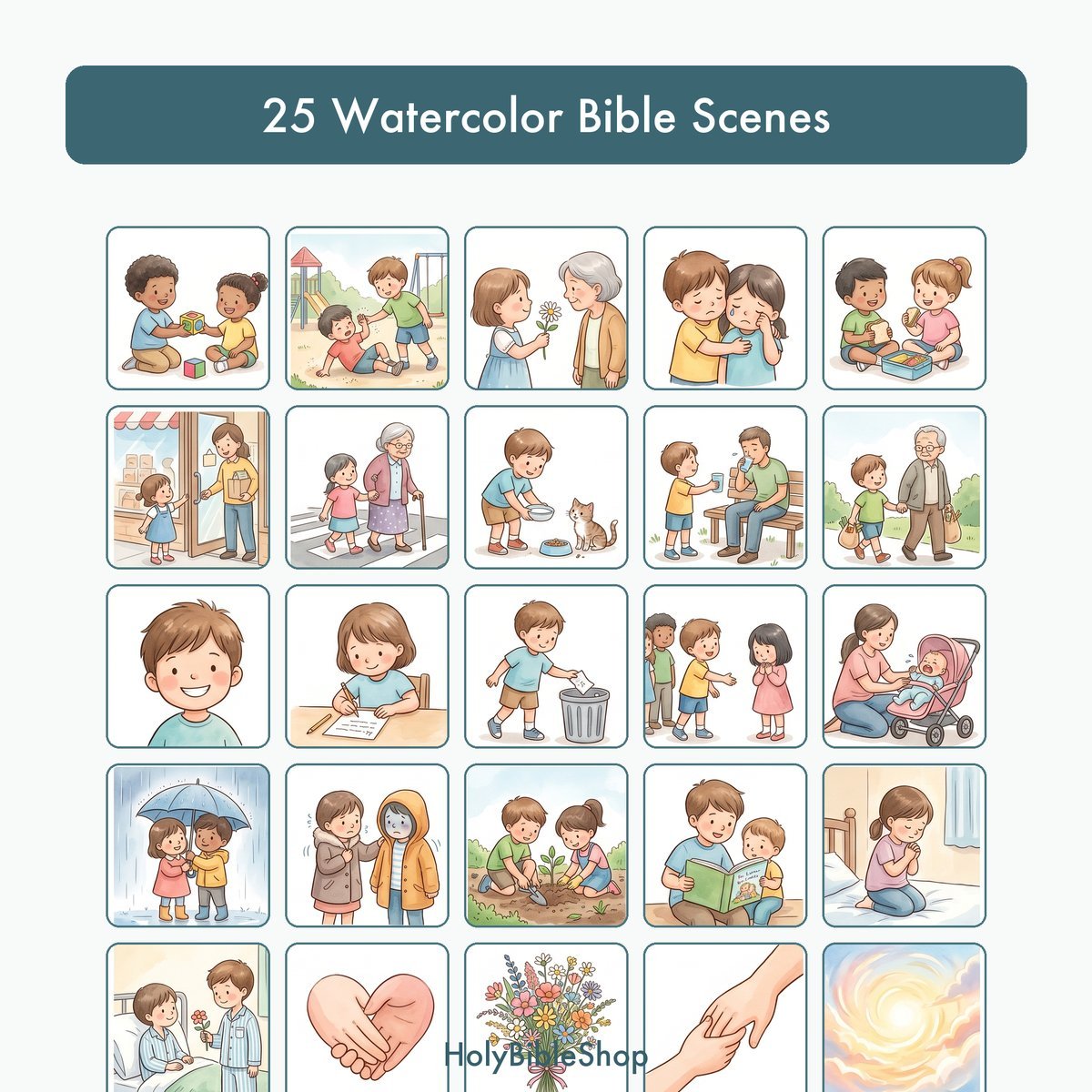 Kindness Bingo | Printable Bible Bingo Game for Kids | 60 Cards Sunday School VBS Christian Watercolor PDF — image 3