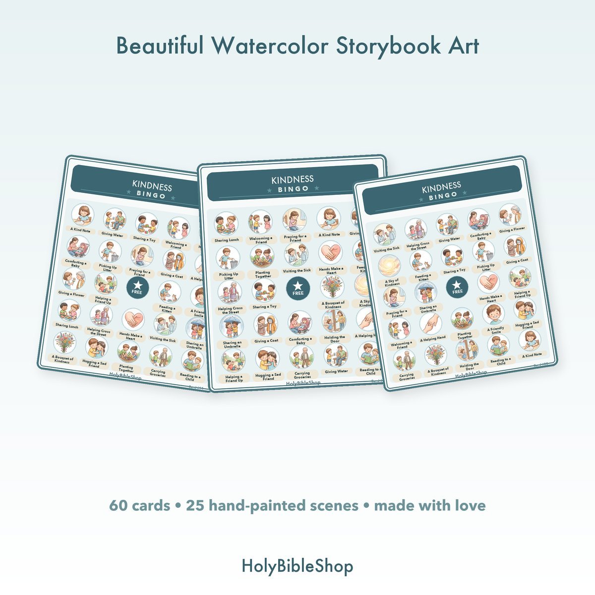 Kindness Bingo | Printable Bible Bingo Game for Kids | 60 Cards Sunday School VBS Christian Watercolor PDF — image 7