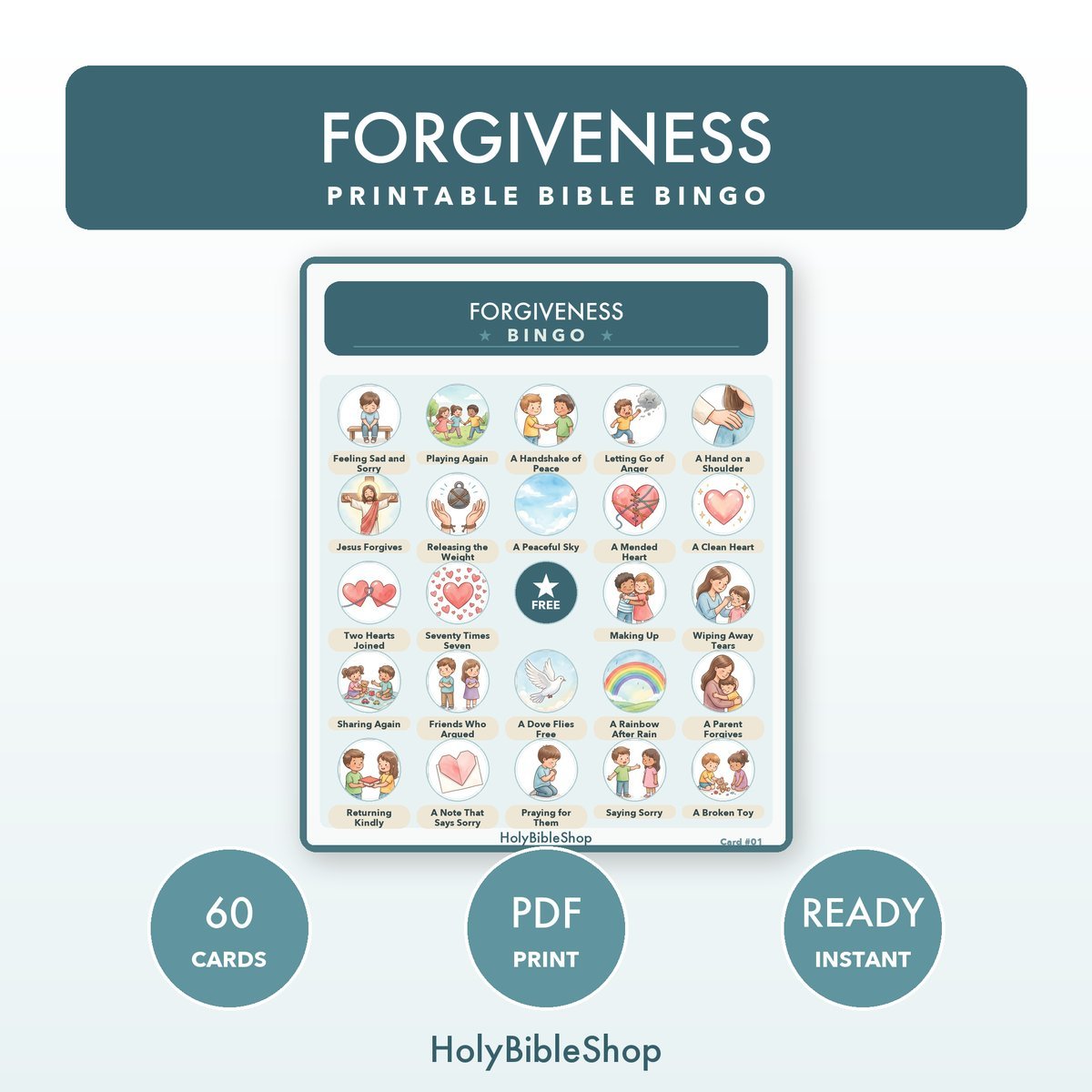 Forgiveness Bingo | Printable Bible Bingo Game for Kids | 60 Cards Sunday School VBS Christian Watercolor PDF