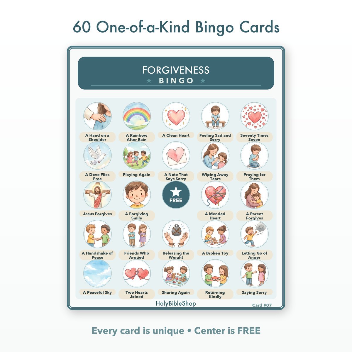 Forgiveness Bingo | Printable Bible Bingo Game for Kids | 60 Cards Sunday School VBS Christian Watercolor PDF — image 2