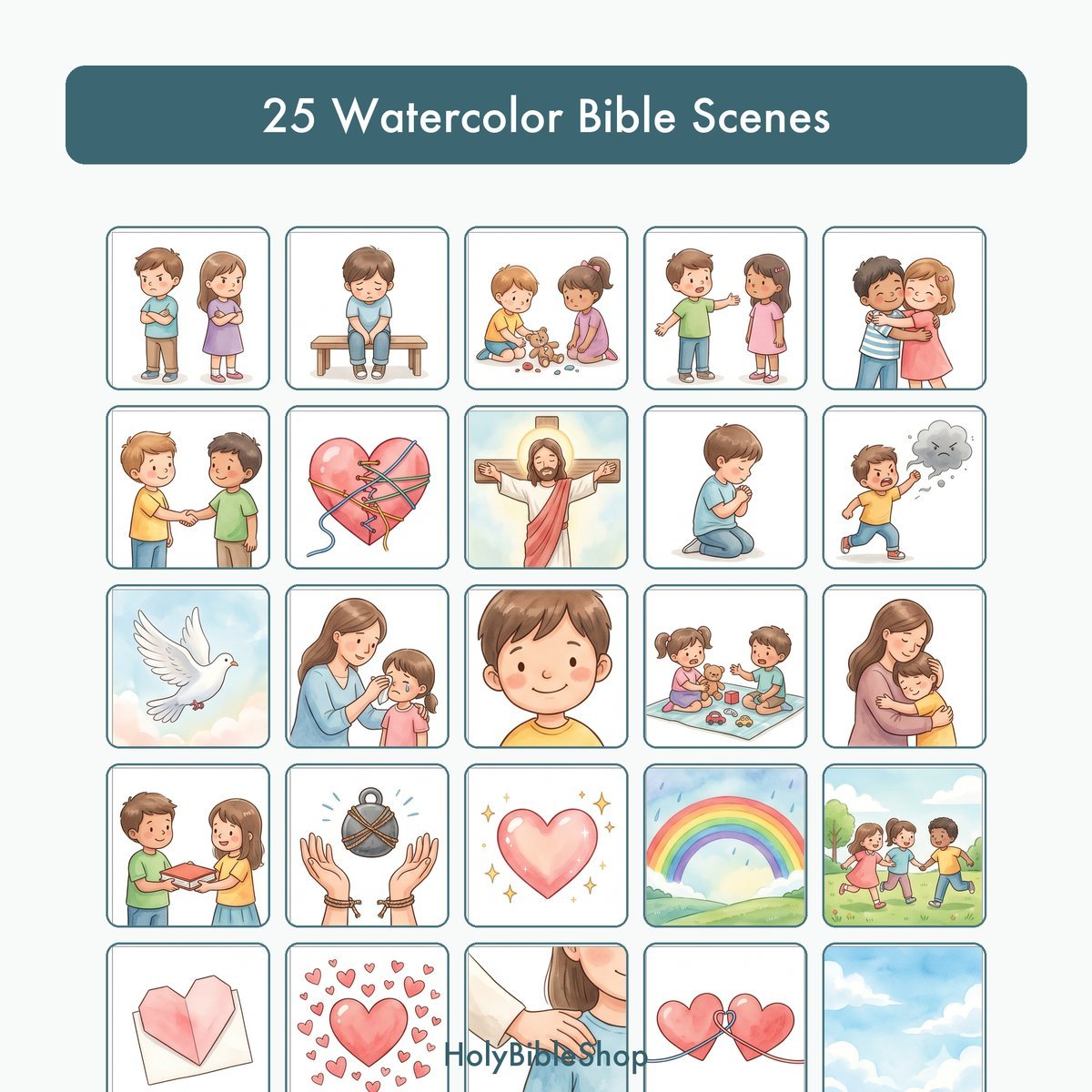 Forgiveness Bingo | Printable Bible Bingo Game for Kids | 60 Cards Sunday School VBS Christian Watercolor PDF — image 3