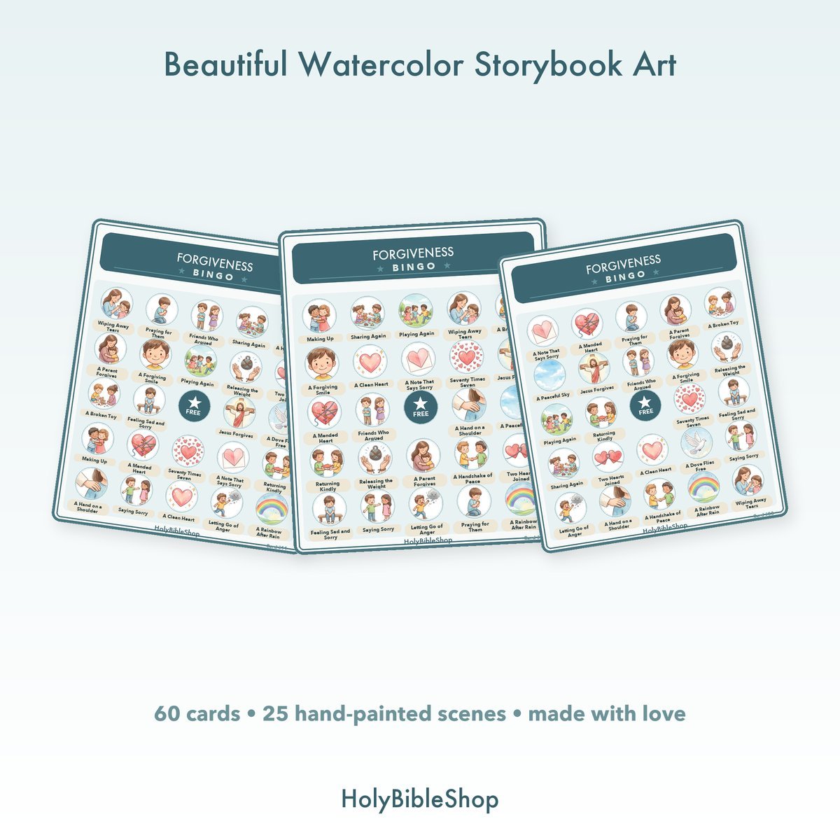 Forgiveness Bingo | Printable Bible Bingo Game for Kids | 60 Cards Sunday School VBS Christian Watercolor PDF — image 7