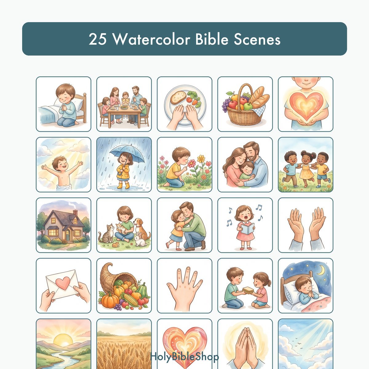 A Thankful Heart Bingo | Printable Bible Bingo Game for Kids | 60 Cards Sunday School VBS Christian Watercolor PDF — image 3