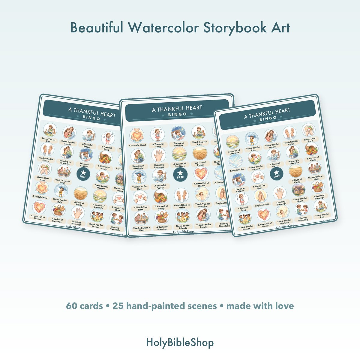 A Thankful Heart Bingo | Printable Bible Bingo Game for Kids | 60 Cards Sunday School VBS Christian Watercolor PDF — image 7