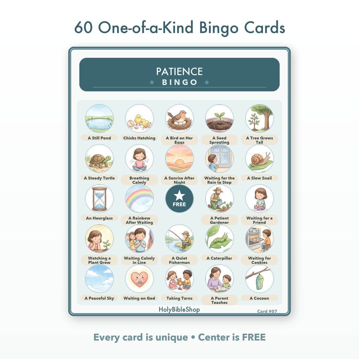 Patience Bingo | Printable Bible Bingo Game for Kids | 60 Cards Sunday School VBS Christian Watercolor PDF — image 2