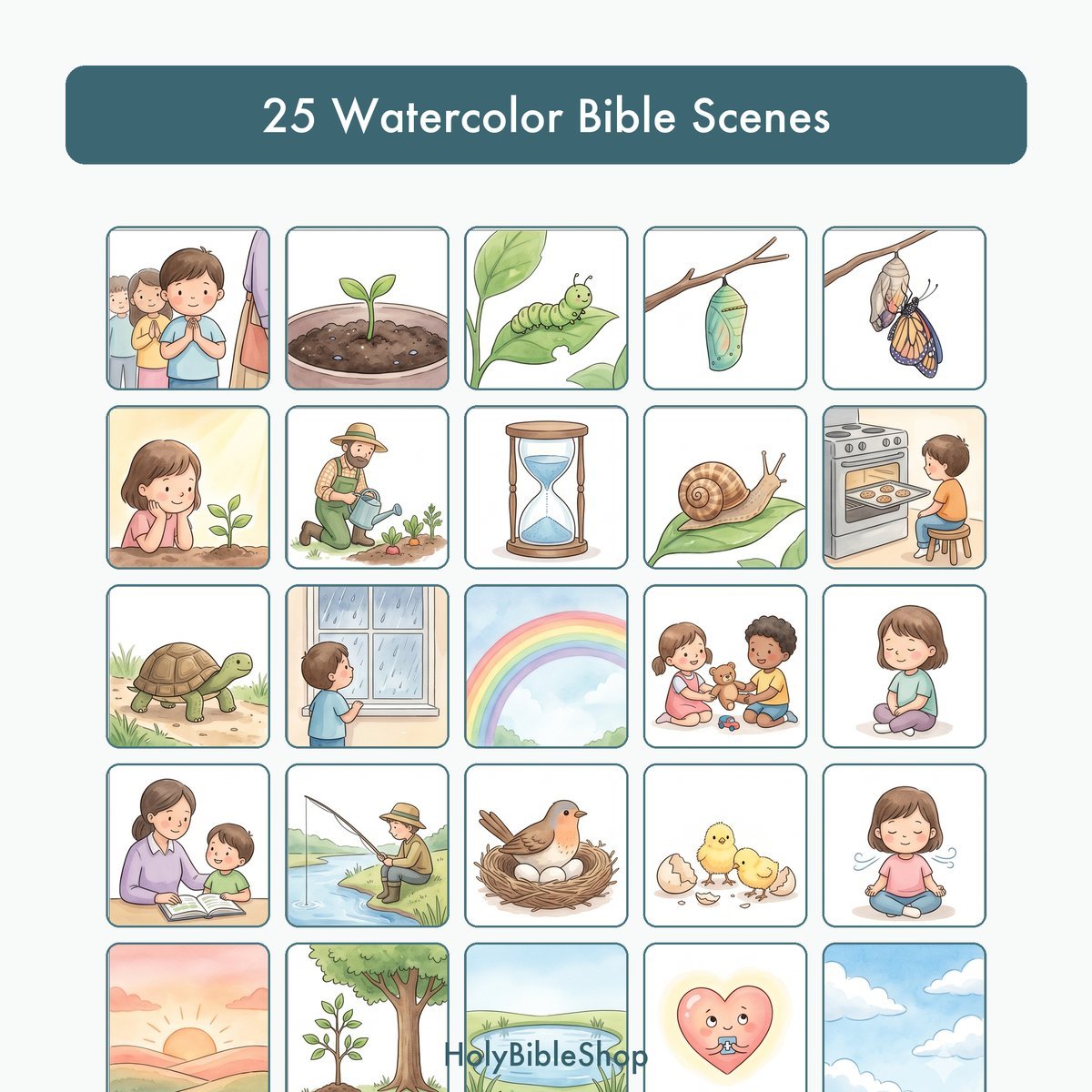 Patience Bingo | Printable Bible Bingo Game for Kids | 60 Cards Sunday School VBS Christian Watercolor PDF — image 3