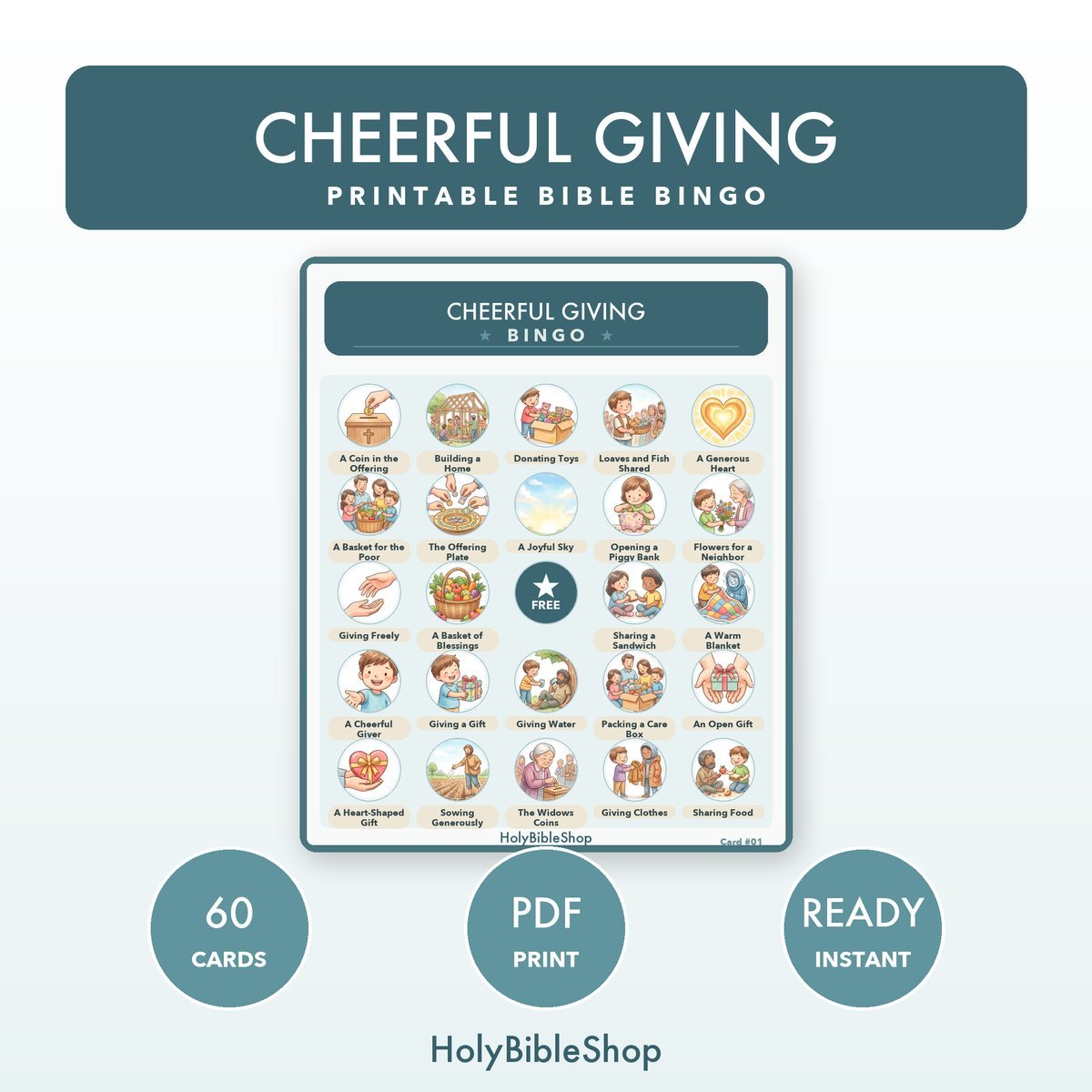 Cheerful Giving Bingo | Printable Bible Bingo Game for Kids | 60 Cards Sunday School VBS Christian Watercolor PDF