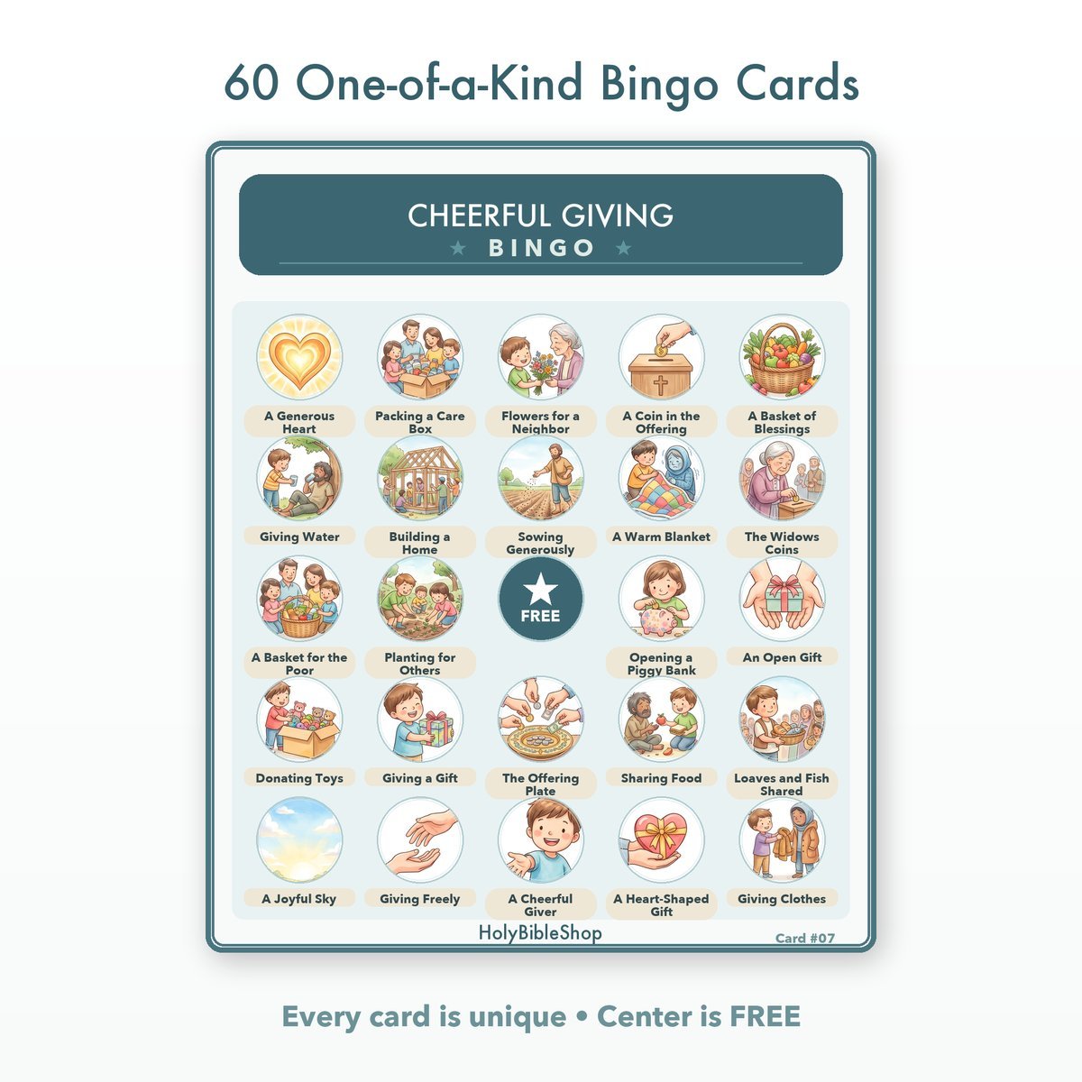 Cheerful Giving Bingo | Printable Bible Bingo Game for Kids | 60 Cards Sunday School VBS Christian Watercolor PDF — image 2