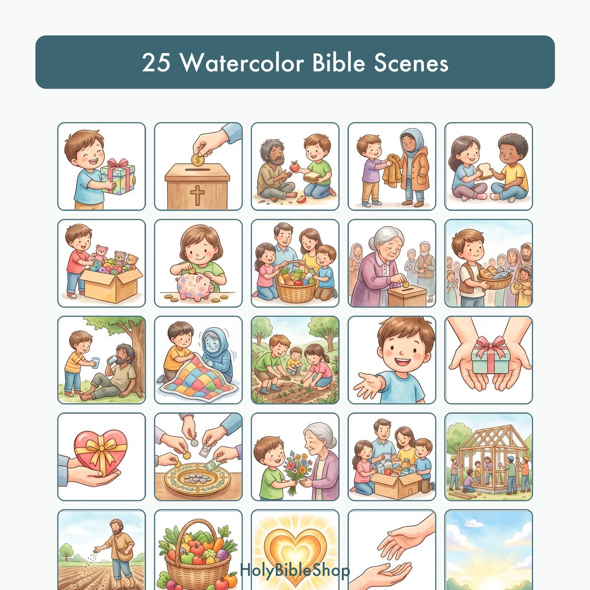 Cheerful Giving Bingo | Printable Bible Bingo Game for Kids | 60 Cards Sunday School VBS Christian Watercolor PDF — image 3