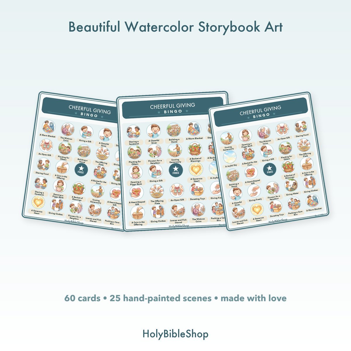 Cheerful Giving Bingo | Printable Bible Bingo Game for Kids | 60 Cards Sunday School VBS Christian Watercolor PDF — image 7