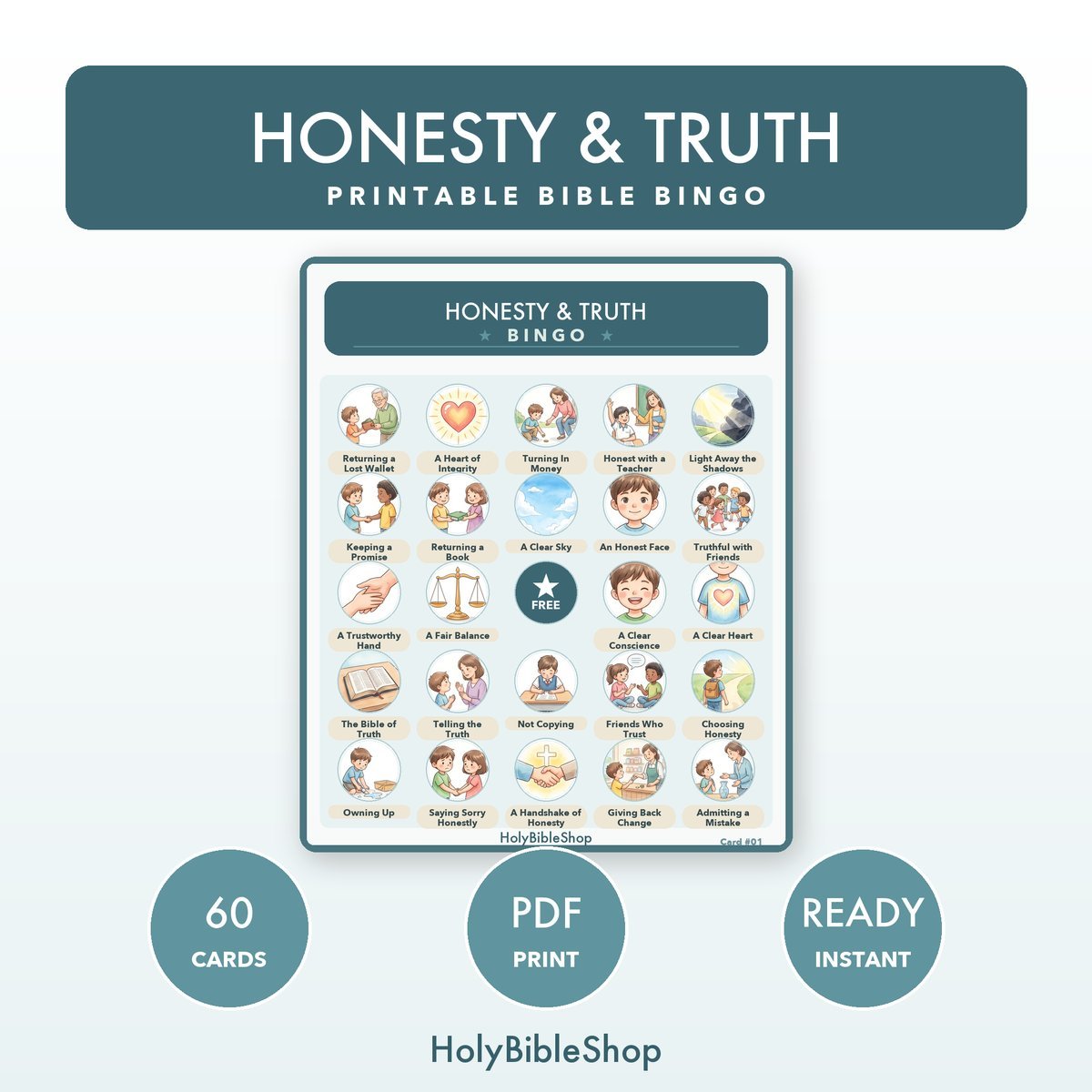 Honesty & Truth Bingo | Printable Bible Bingo Game for Kids | 60 Cards Sunday School VBS Christian Watercolor PDF