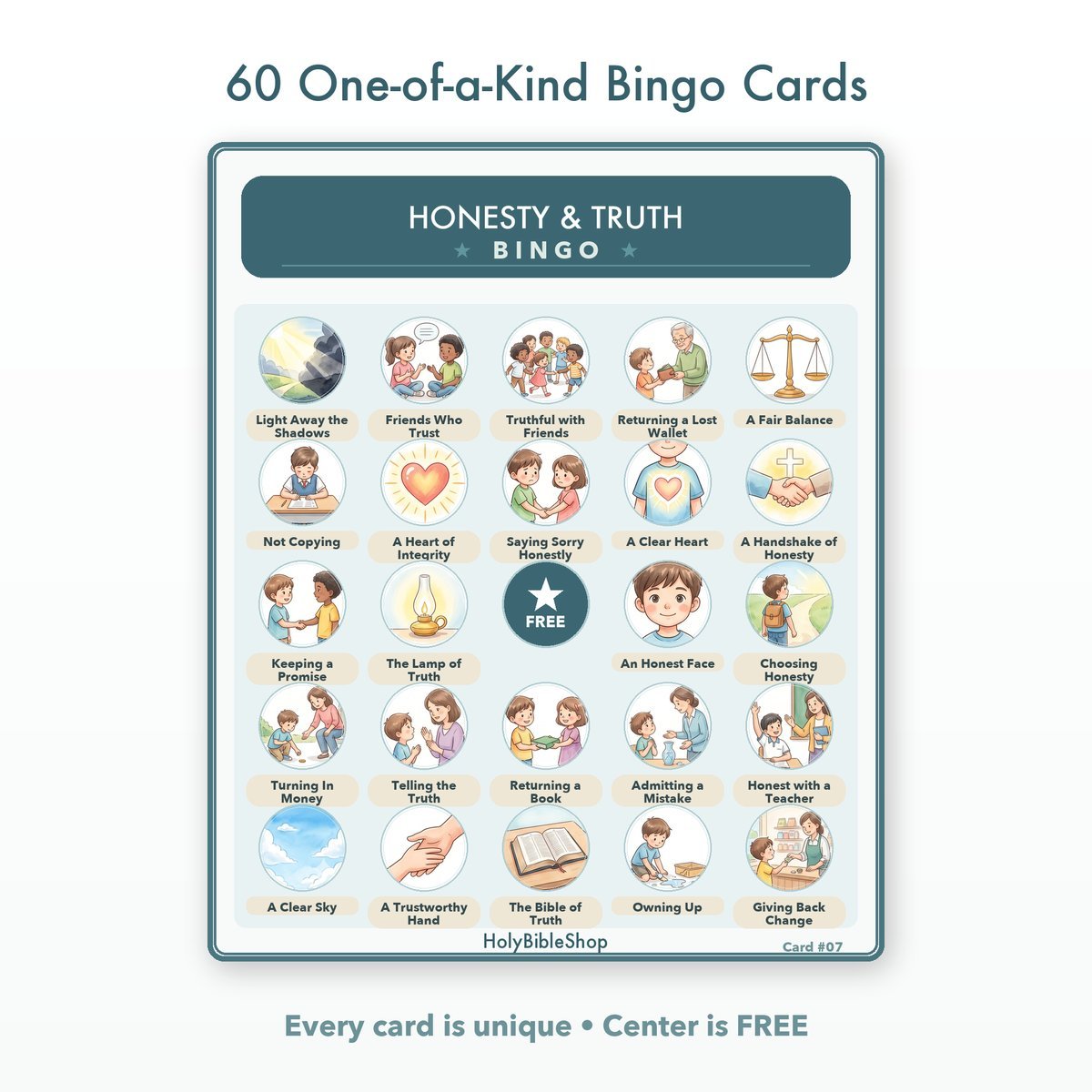 Honesty & Truth Bingo | Printable Bible Bingo Game for Kids | 60 Cards Sunday School VBS Christian Watercolor PDF — image 2