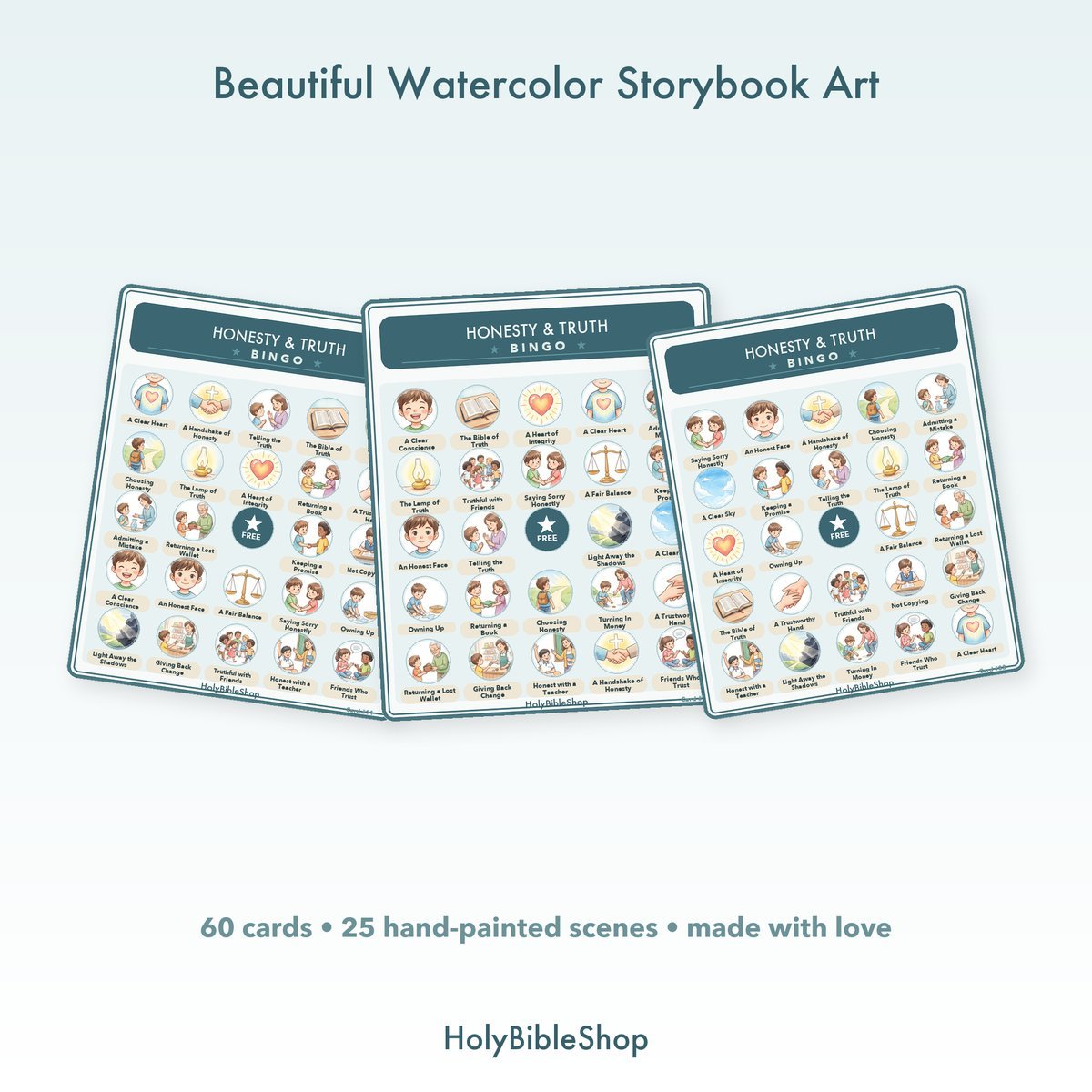 Honesty & Truth Bingo | Printable Bible Bingo Game for Kids | 60 Cards Sunday School VBS Christian Watercolor PDF — image 7