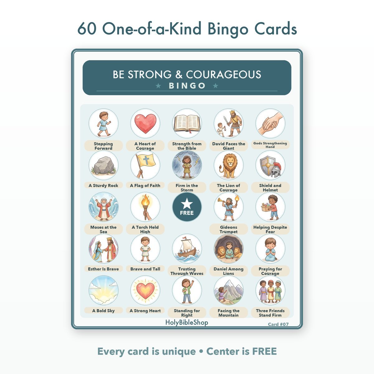 Be Strong & Courageous Bingo | Printable Bible Bingo Game for Kids | 60 Cards Sunday School VBS Christian Watercolor PDF — image 2