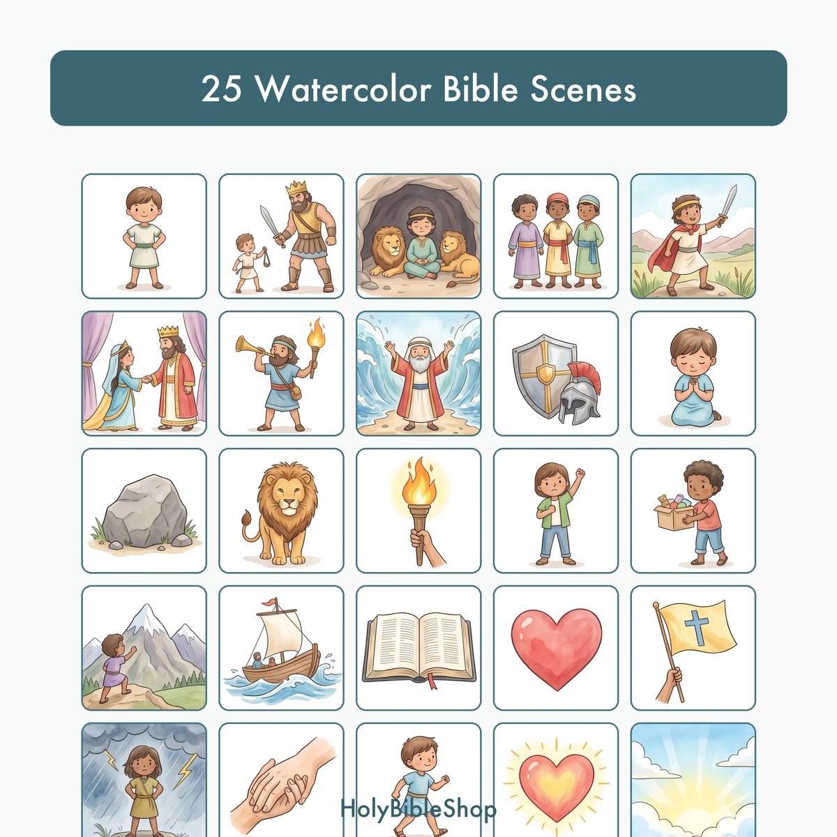 Be Strong & Courageous Bingo | Printable Bible Bingo Game for Kids | 60 Cards Sunday School VBS Christian Watercolor PDF — image 3