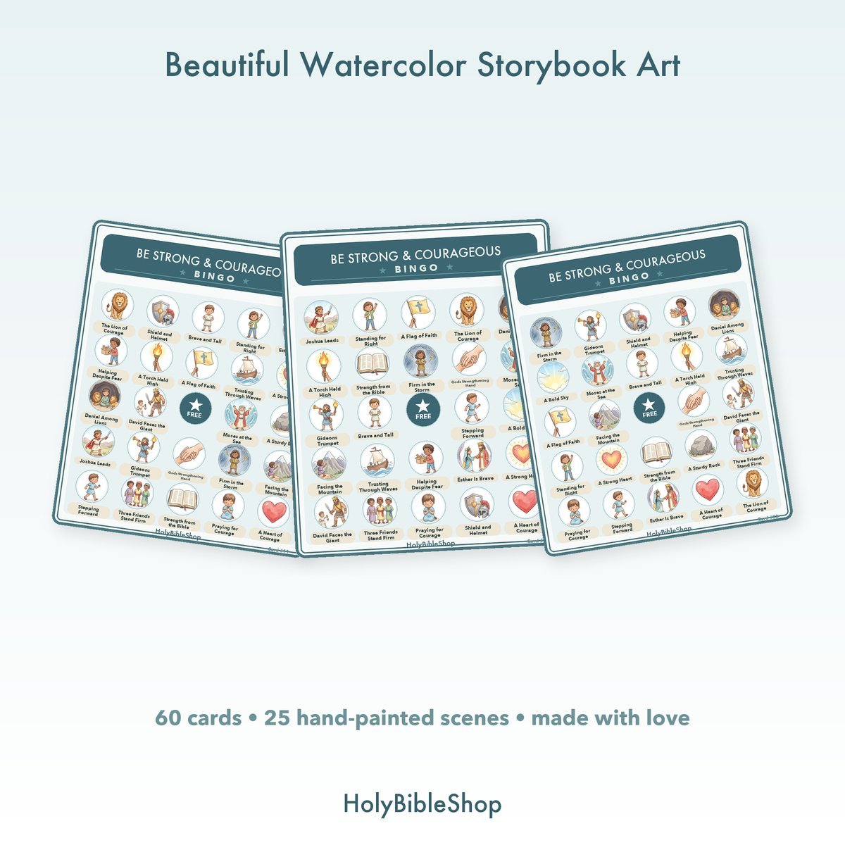 Be Strong & Courageous Bingo | Printable Bible Bingo Game for Kids | 60 Cards Sunday School VBS Christian Watercolor PDF — image 7