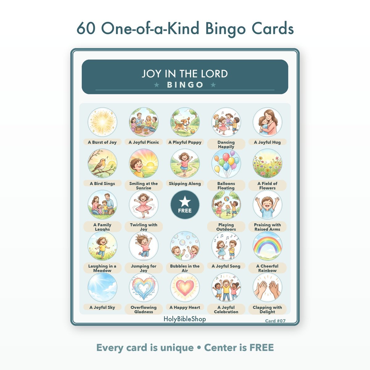 Joy In The Lord Bingo | Printable Bible Bingo Game for Kids | 60 Cards Sunday School VBS Christian Watercolor PDF — image 2
