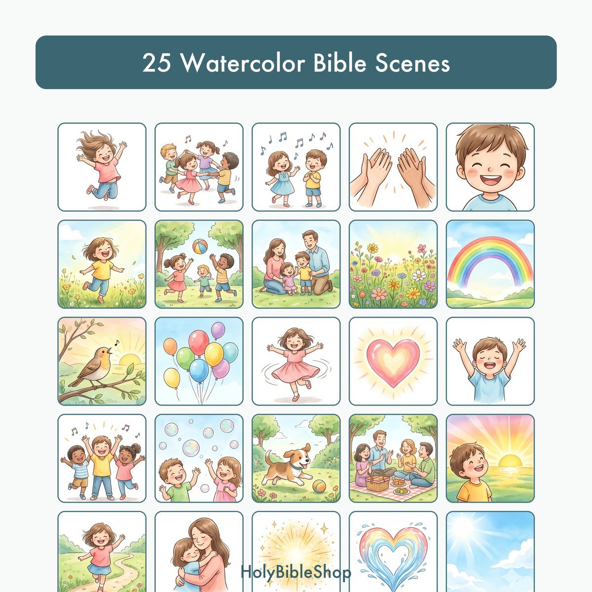Joy In The Lord Bingo | Printable Bible Bingo Game for Kids | 60 Cards Sunday School VBS Christian Watercolor PDF — image 3