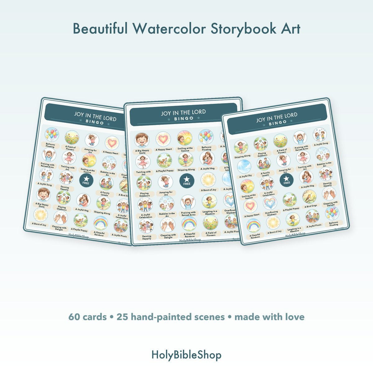 Joy In The Lord Bingo | Printable Bible Bingo Game for Kids | 60 Cards Sunday School VBS Christian Watercolor PDF — image 7