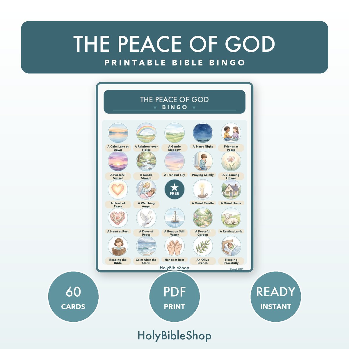 The Peace Of God Bingo | Printable Bible Bingo Game for Kids | 60 Cards Sunday School VBS Christian Watercolor PDF