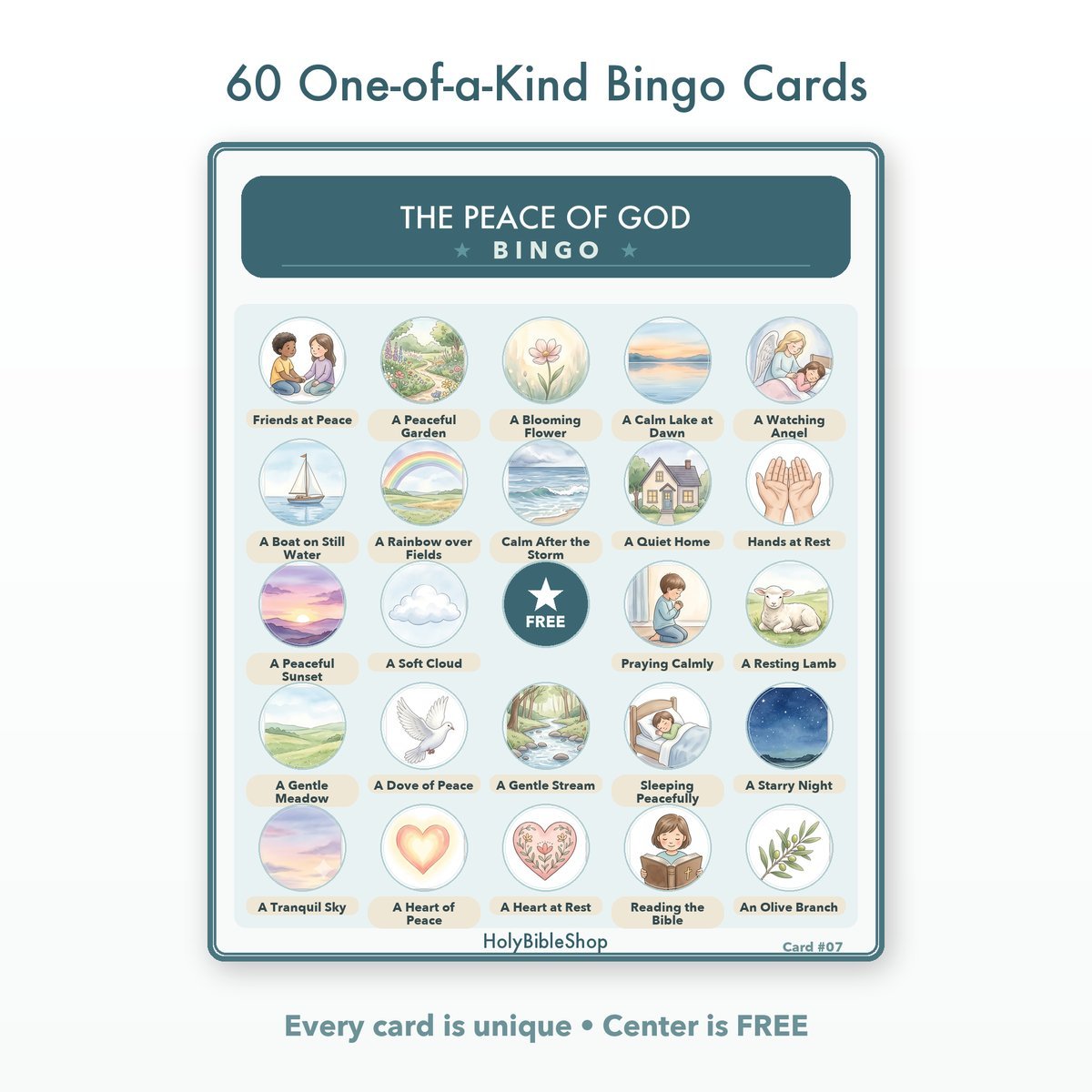 The Peace Of God Bingo | Printable Bible Bingo Game for Kids | 60 Cards Sunday School VBS Christian Watercolor PDF — image 2